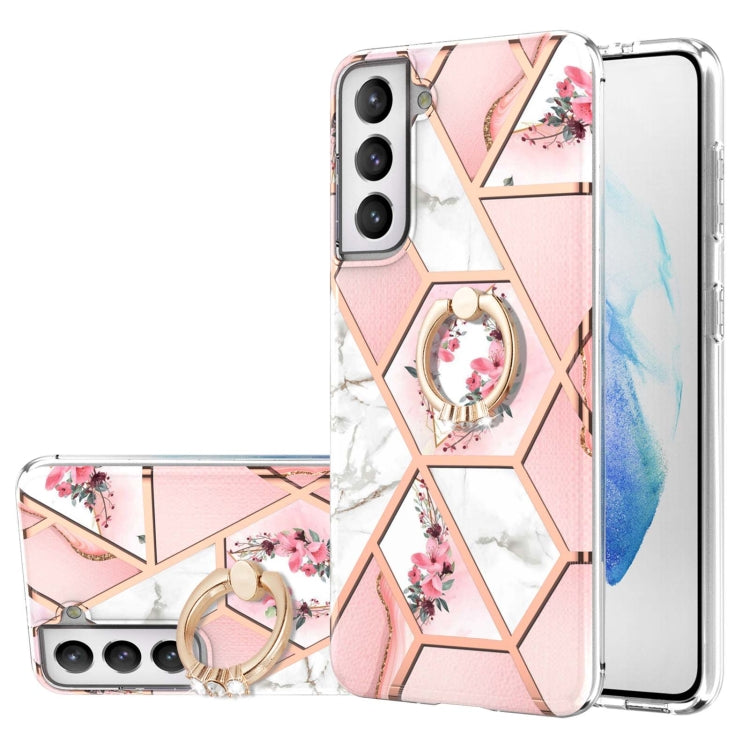 Custodia antiurto in TPU con motivo floreale in marmo con giunzione elettrolitica con supporto per anello di strass, For Samsung Galaxy S21  5G, For Samsung Galaxy S21+  5G, For Samsung Galaxy S21 Ultra 5G, For Samsung Galaxy S21 FE                    ...
