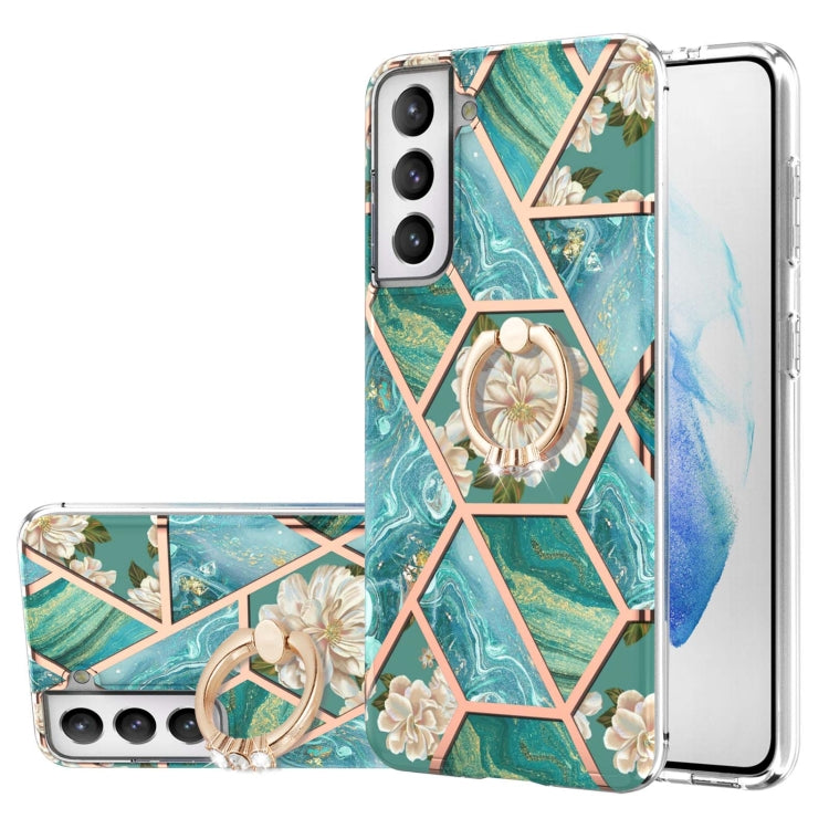 Custodia antiurto in TPU con motivo floreale in marmo con giunzione elettrolitica con supporto per anello di strass, For Samsung Galaxy S21  5G, For Samsung Galaxy S21+  5G, For Samsung Galaxy S21 Ultra 5G, For Samsung Galaxy S21 FE                    ...