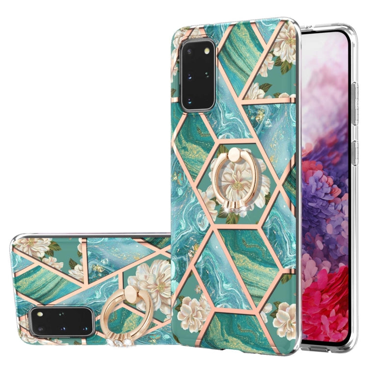 Custodia antiurto in TPU con motivo floreale in marmo con giunzione elettrolitica con supporto per anello di strass, For Samsung Galaxy S21  5G, For Samsung Galaxy S21+  5G, For Samsung Galaxy S21 Ultra 5G, For Samsung Galaxy S21 FE                    ...