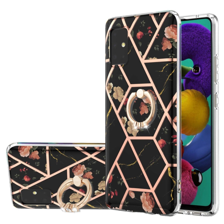 Custodia antiurto in TPU con motivo floreale in marmo con giunzione elettrolitica con supporto per anello di strass, For Samsung Galaxy A51 5G, For Samsung Galaxy A51 4G, For Samsung Galaxy A52 5G / 4G, For Samsung Galaxy A72 5G / 4G                   ...