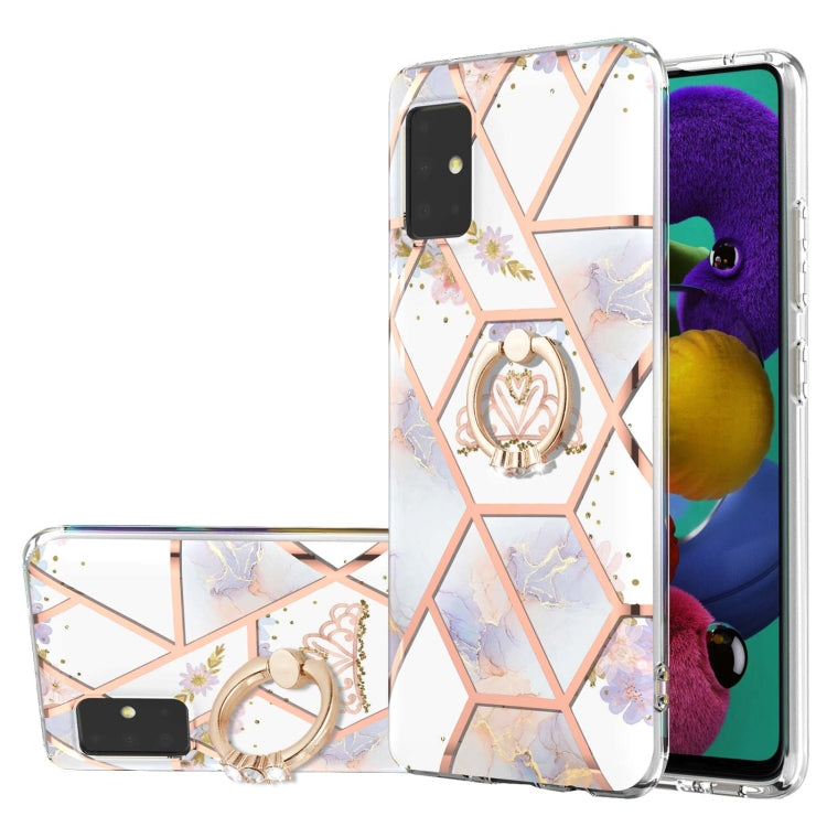 Custodia antiurto in TPU con motivo floreale in marmo con giunzione elettrolitica con supporto per anello di strass, For Samsung Galaxy A51 5G, For Samsung Galaxy A51 4G, For Samsung Galaxy A52 5G / 4G, For Samsung Galaxy A72 5G / 4G                   ...