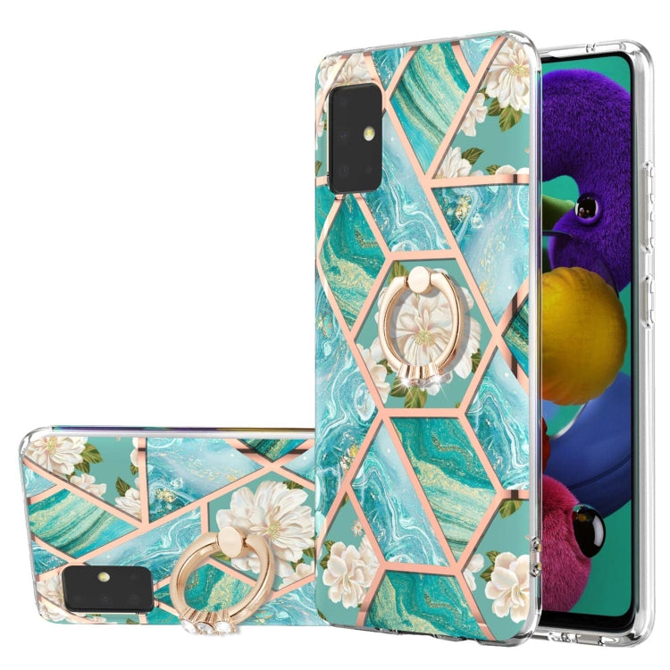 Custodia antiurto in TPU con motivo floreale in marmo con giunzione elettrolitica con supporto per anello di strass, For Samsung Galaxy A51 5G, For Samsung Galaxy A51 4G, For Samsung Galaxy A52 5G / 4G, For Samsung Galaxy A72 5G / 4G                   ...