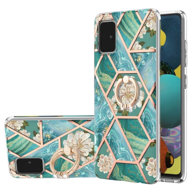 Custodia antiurto in TPU con motivo floreale in marmo con giunzione elettrolitica con supporto per anello di strass, For Samsung Galaxy A51 5G, For Samsung Galaxy A51 4G, For Samsung Galaxy A52 5G / 4G, For Samsung Galaxy A72 5G / 4G                   ...