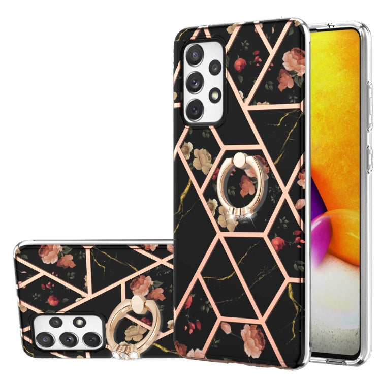 Custodia antiurto in TPU con motivo floreale in marmo con giunzione elettrolitica con supporto per anello di strass, For Samsung Galaxy A51 5G, For Samsung Galaxy A51 4G, For Samsung Galaxy A52 5G / 4G, For Samsung Galaxy A72 5G / 4G                   ...