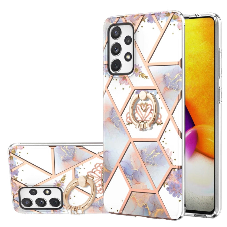 Custodia antiurto in TPU con motivo floreale in marmo con giunzione elettrolitica con supporto per anello di strass, For Samsung Galaxy A51 5G, For Samsung Galaxy A51 4G, For Samsung Galaxy A52 5G / 4G, For Samsung Galaxy A72 5G / 4G                   ...