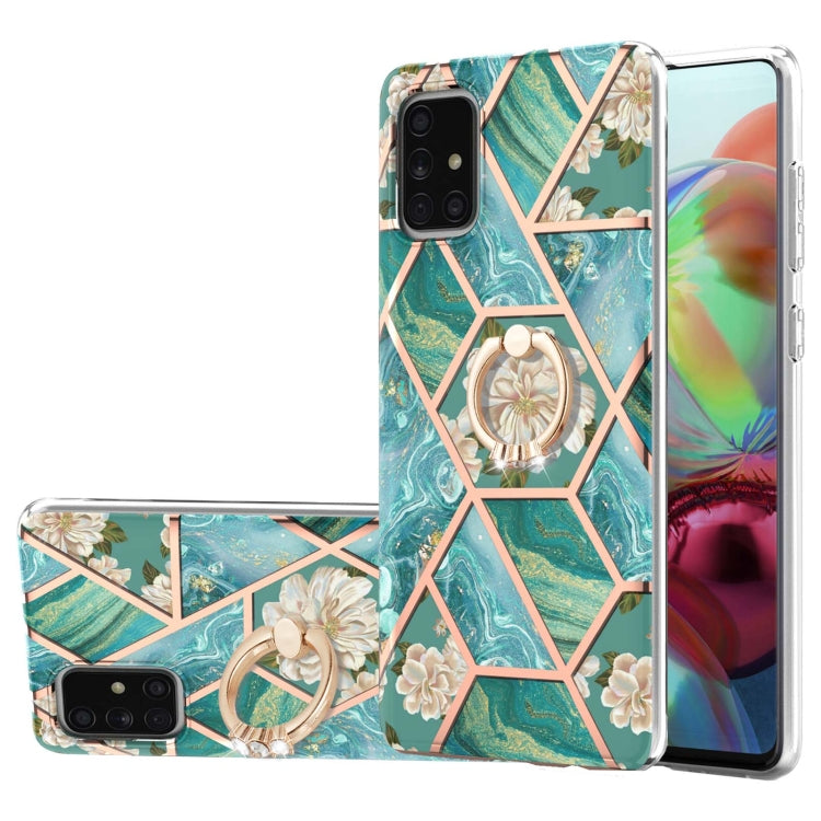 Custodia antiurto in TPU con motivo floreale in marmo con giunzione elettrolitica con supporto per anello di strass, For Samsung Galaxy A51 5G, For Samsung Galaxy A51 4G, For Samsung Galaxy A52 5G / 4G, For Samsung Galaxy A72 5G / 4G                   ...