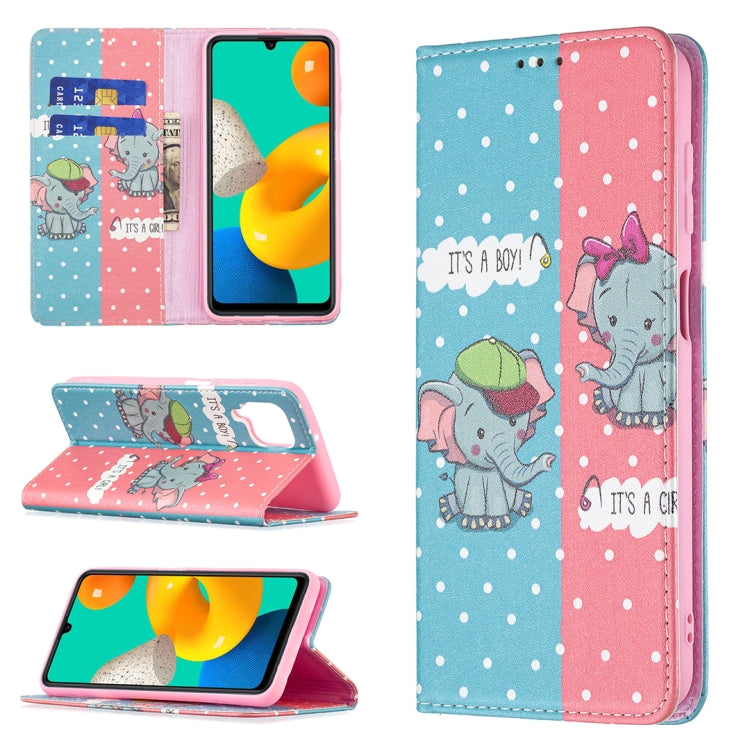 Modello di disegno colorato Custodia in pelle PU con vibrazione orizzontale magnetica invisibile con supporto e slot per schede e portafoglio, For Samsung Galaxy M32