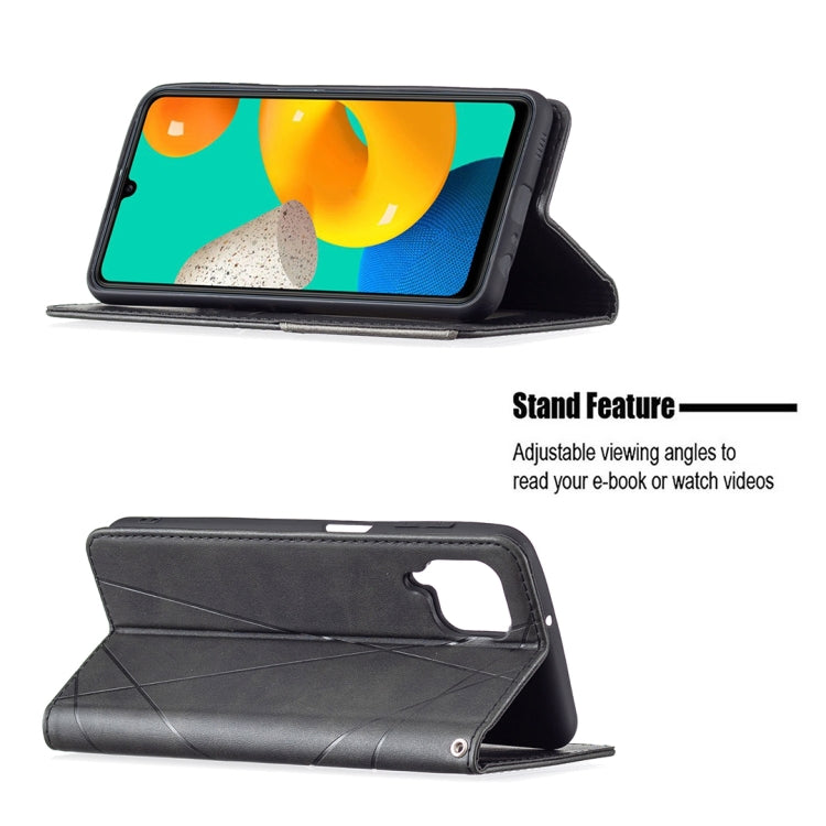 Custodia in pelle magnetica a rotazione orizzontale con struttura a rombo con supporto e slot per schede, For Samsung Galaxy M32