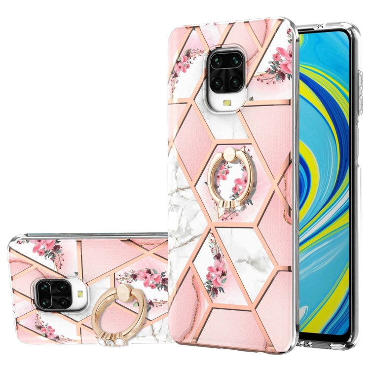 Custodia antiurto in TPU con motivo floreale in marmo con giunzione elettrolitica con supporto per anello di strass, For Xiaomi Redmi Note 9S, For Xiaomi Redmi Note 10, For Xiaomi Redmi Note 10 Pro Max, For Xiaomi Poco X3 NFC