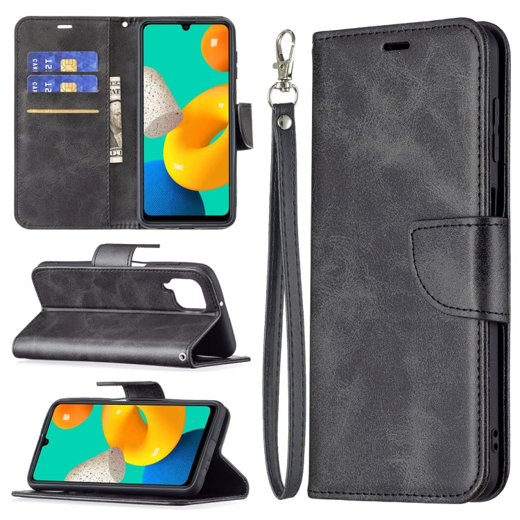 Custodia in pelle PU a vibrazione orizzontale in colore puro con trama in pelle di agnello retrò con supporto e fessure per carte e portafoglio e cordino, For Samsung Galaxy M32