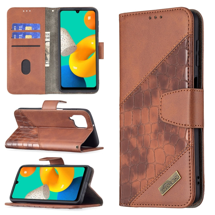 Custodia in pelle sintetica a vibrazione orizzontale con trama in coccodrillo abbinata con portafoglio, supporto e slot per carte, For Samsung Galaxy M32