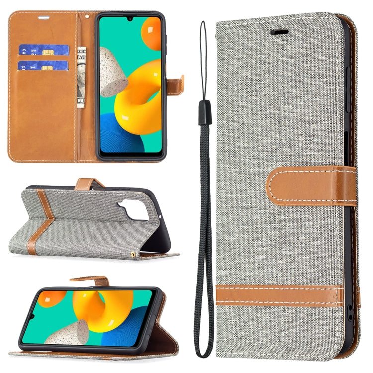 Custodia in pelle a libro orizzontale con struttura in denim abbinata al colore con supporto e slot per carte e portafoglio e cordino, For Samsung Galaxy M32