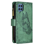 Custodia in pelle con cerniera orizzontale in rilievo con motivo a farfalla volante con supporto, fessure per carte e portafoglio, For Samsung Galaxy M32