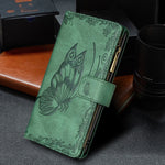 Custodia in pelle con cerniera orizzontale in rilievo con motivo a farfalla volante con supporto, fessure per carte e portafoglio, For Samsung Galaxy M32
