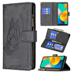 Custodia in pelle con cerniera orizzontale in rilievo con motivo a farfalla volante con supporto, fessure per carte e portafoglio, For Samsung Galaxy M32