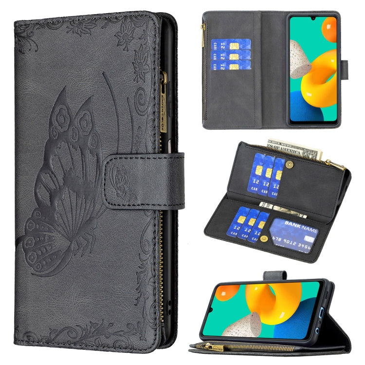 Custodia in pelle con cerniera orizzontale in rilievo con motivo a farfalla volante con supporto, fessure per carte e portafoglio, For Samsung Galaxy M32