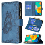 Custodia in pelle con cerniera orizzontale in rilievo con motivo a farfalla volante con supporto, fessure per carte e portafoglio, For Samsung Galaxy M32