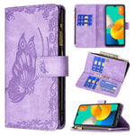 Custodia in pelle con cerniera orizzontale in rilievo con motivo a farfalla volante con supporto, fessure per carte e portafoglio, For Samsung Galaxy M32