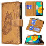 Custodia in pelle con cerniera orizzontale in rilievo con motivo a farfalla volante con supporto, fessure per carte e portafoglio, For Samsung Galaxy M32