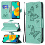 Custodia in pelle PU a vibrazione orizzontale con motivo a due farfalle in rilievo con supporto e slot per schede, portafoglio e cordino, For Samsung Galaxy M32
