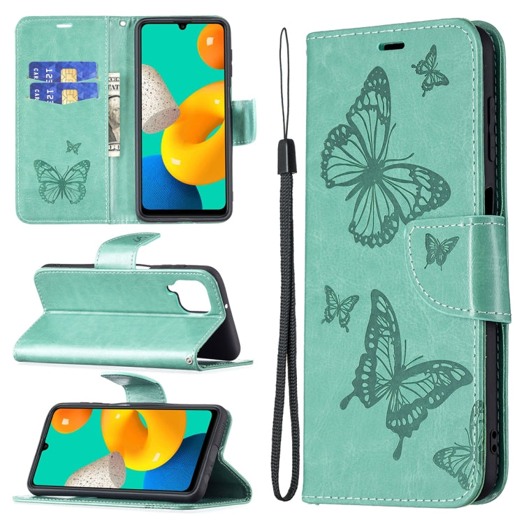 Custodia in pelle PU a vibrazione orizzontale con motivo a due farfalle in rilievo con supporto e slot per schede, portafoglio e cordino, For Samsung Galaxy M32
