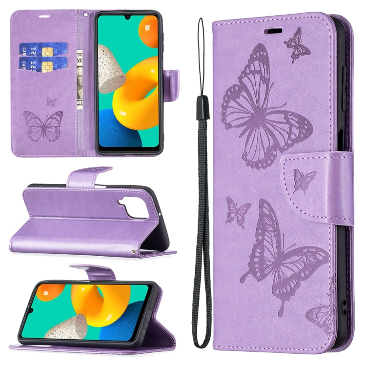 Custodia in pelle PU a vibrazione orizzontale con motivo a due farfalle in rilievo con supporto e slot per schede, portafoglio e cordino, For Samsung Galaxy M32
