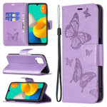 Custodia in pelle PU a vibrazione orizzontale con motivo a due farfalle in rilievo con supporto e slot per schede, portafoglio e cordino, For Samsung Galaxy M32