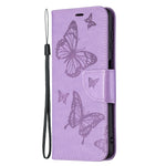 Custodia in pelle PU a vibrazione orizzontale con motivo a due farfalle in rilievo con supporto e slot per schede, portafoglio e cordino, For Samsung Galaxy M32