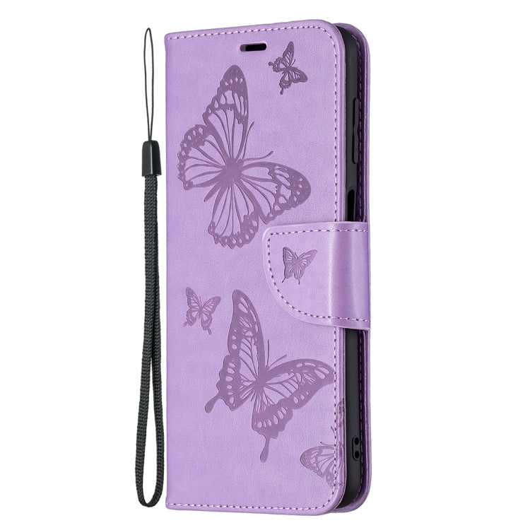 Custodia in pelle PU a vibrazione orizzontale con motivo a due farfalle in rilievo con supporto e slot per schede, portafoglio e cordino, For Samsung Galaxy M32