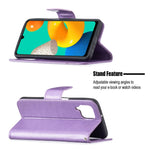 Custodia in pelle PU a vibrazione orizzontale con motivo a due farfalle in rilievo con supporto e slot per schede, portafoglio e cordino, For Samsung Galaxy M32