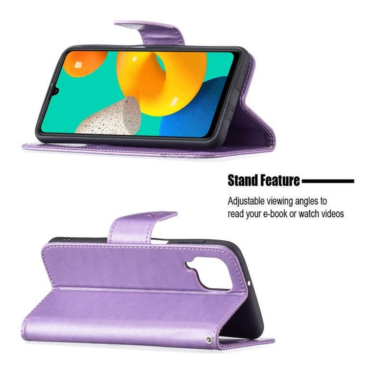 Custodia in pelle PU a vibrazione orizzontale con motivo a due farfalle in rilievo con supporto e slot per schede, portafoglio e cordino, For Samsung Galaxy M32