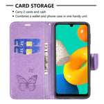 Custodia in pelle PU a vibrazione orizzontale con motivo a due farfalle in rilievo con supporto e slot per schede, portafoglio e cordino, For Samsung Galaxy M32