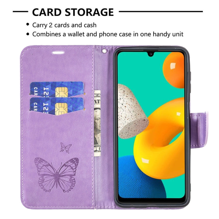 Custodia in pelle PU a vibrazione orizzontale con motivo a due farfalle in rilievo con supporto e slot per schede, portafoglio e cordino, For Samsung Galaxy M32