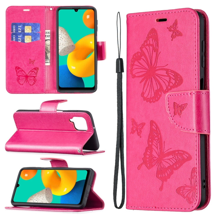 Custodia in pelle PU a vibrazione orizzontale con motivo a due farfalle in rilievo con supporto e slot per schede, portafoglio e cordino, For Samsung Galaxy M32