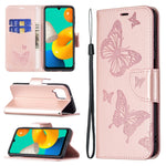Custodia in pelle PU a vibrazione orizzontale con motivo a due farfalle in rilievo con supporto e slot per schede, portafoglio e cordino, For Samsung Galaxy M32