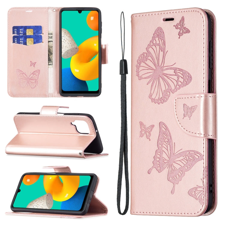 Custodia in pelle PU a vibrazione orizzontale con motivo a due farfalle in rilievo con supporto e slot per schede, portafoglio e cordino, For Samsung Galaxy M32