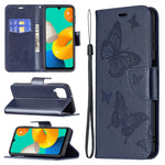 Custodia in pelle PU a vibrazione orizzontale con motivo a due farfalle in rilievo con supporto e slot per schede, portafoglio e cordino, For Samsung Galaxy M32