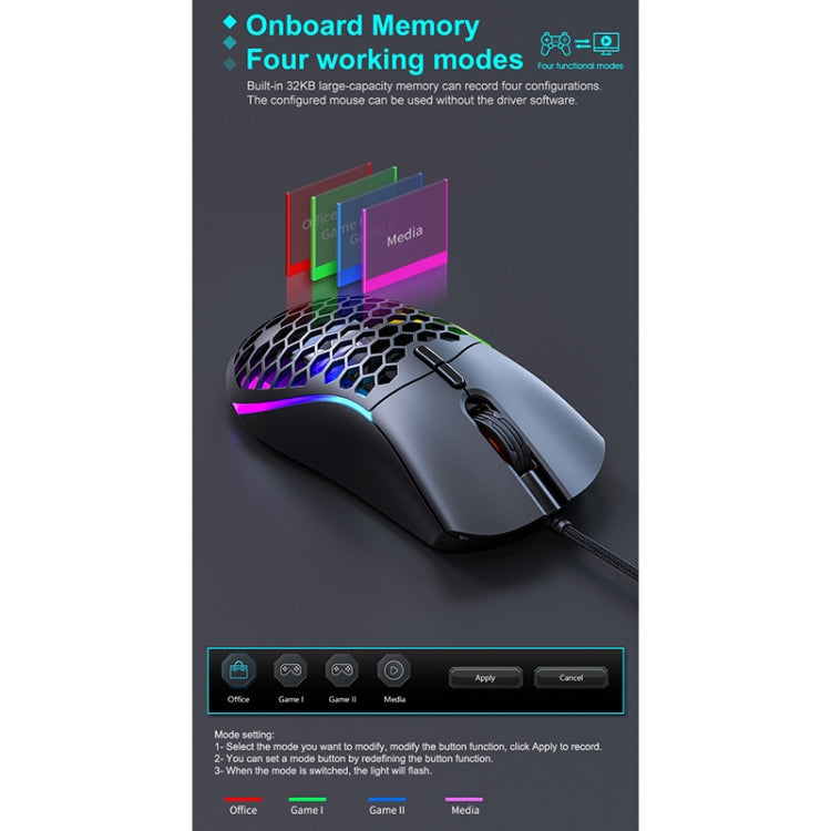 iMICE T60 Mouse da gioco a nido d'ape cablato luminoso colorato personalizzato a 7 tasti, lunghezza cavo: 1,8 m, T60