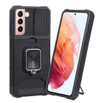 Cover per fotocamera scorrevole Design Custodia antiurto per PC + TPU con supporto per anello e slot per schede, For Samsung Galaxy S21 5G, For Samsung Galaxy S21+ 5G, For Samsung Galaxy Note20