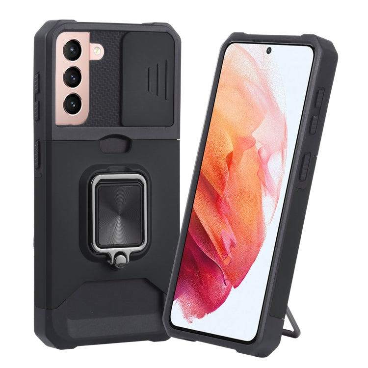 Cover per fotocamera scorrevole Design Custodia antiurto per PC + TPU con supporto per anello e slot per schede, For Samsung Galaxy S21 5G, For Samsung Galaxy S21+ 5G, For Samsung Galaxy Note20