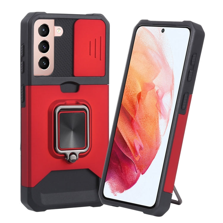 Cover per fotocamera scorrevole Design Custodia antiurto per PC + TPU con supporto per anello e slot per schede, For Samsung Galaxy S21 5G, For Samsung Galaxy S21+ 5G, For Samsung Galaxy Note20