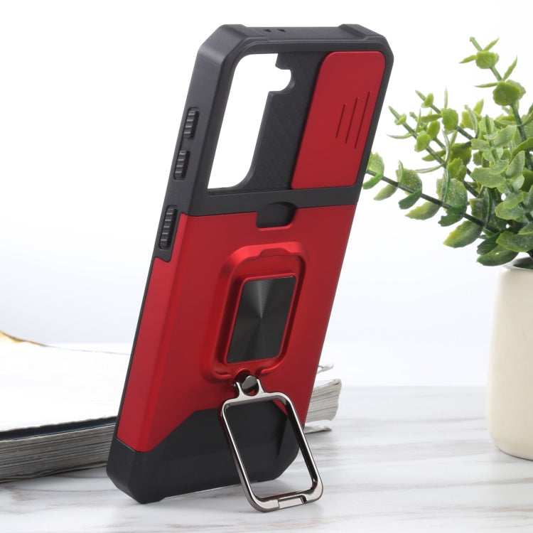 Cover per fotocamera scorrevole Design Custodia antiurto per PC + TPU con supporto per anello e slot per schede, For Samsung Galaxy S21 5G, For Samsung Galaxy S21+ 5G, For Samsung Galaxy Note20