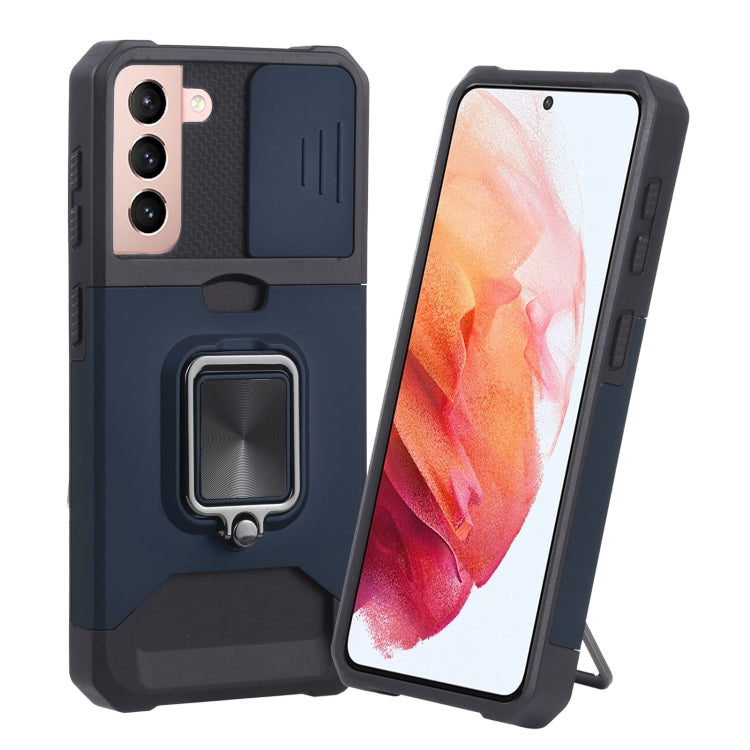 Cover per fotocamera scorrevole Design Custodia antiurto per PC + TPU con supporto per anello e slot per schede, For Samsung Galaxy S21 5G, For Samsung Galaxy S21+ 5G, For Samsung Galaxy Note20
