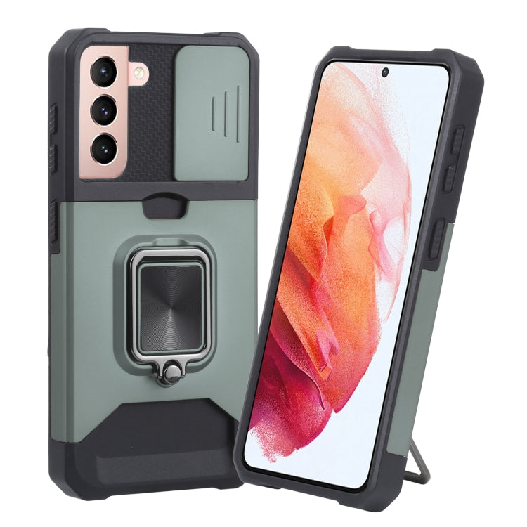 Cover per fotocamera scorrevole Design Custodia antiurto per PC + TPU con supporto per anello e slot per schede, For Samsung Galaxy S21 5G, For Samsung Galaxy S21+ 5G, For Samsung Galaxy Note20