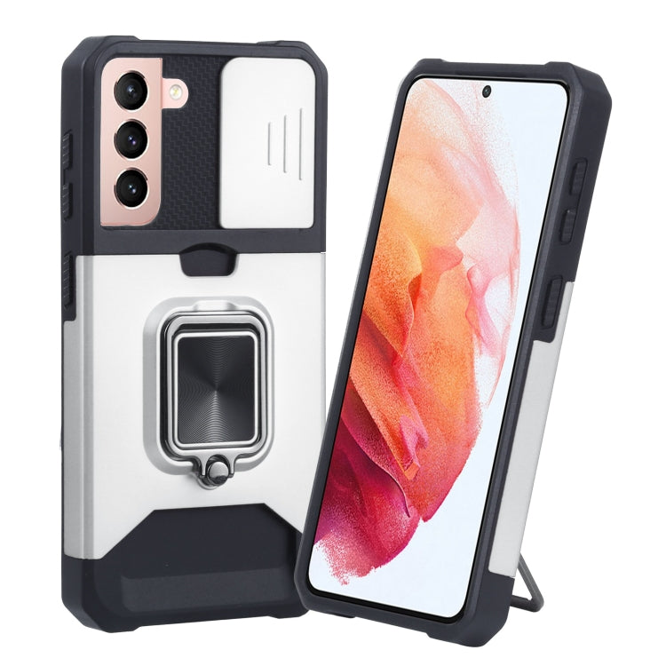 Cover per fotocamera scorrevole Design Custodia antiurto per PC + TPU con supporto per anello e slot per schede, For Samsung Galaxy S21 5G, For Samsung Galaxy S21+ 5G, For Samsung Galaxy Note20