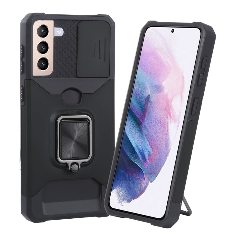 Cover per fotocamera scorrevole Design Custodia antiurto per PC + TPU con supporto per anello e slot per schede, For Samsung Galaxy S21 5G, For Samsung Galaxy S21+ 5G, For Samsung Galaxy Note20