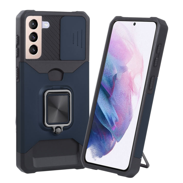 Cover per fotocamera scorrevole Design Custodia antiurto per PC + TPU con supporto per anello e slot per schede, For Samsung Galaxy S21 5G, For Samsung Galaxy S21+ 5G, For Samsung Galaxy Note20