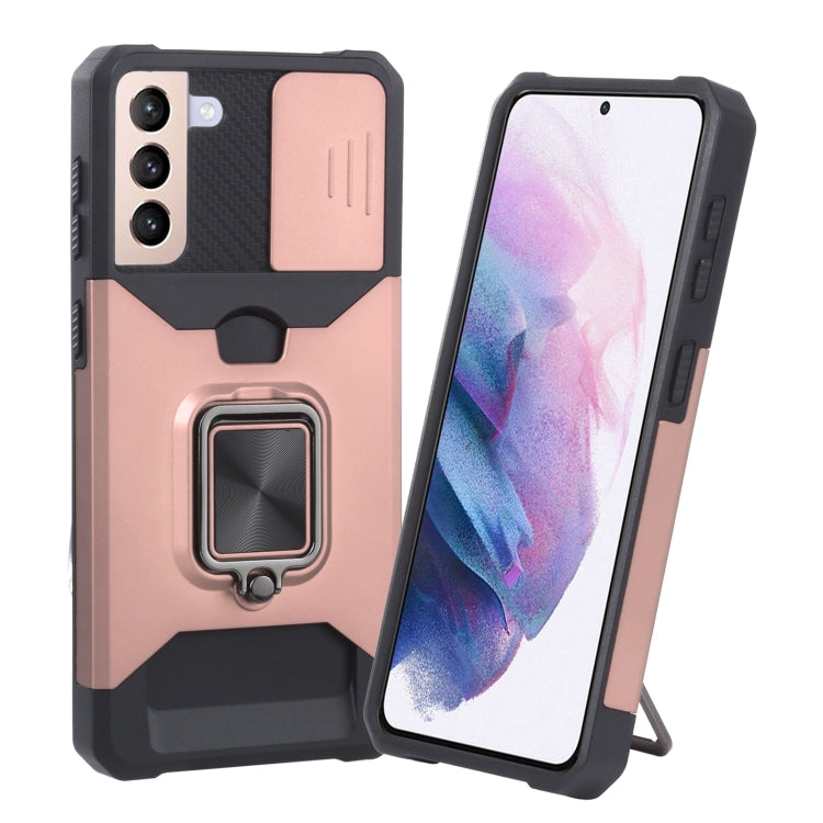 Cover per fotocamera scorrevole Design Custodia antiurto per PC + TPU con supporto per anello e slot per schede, For Samsung Galaxy S21 5G, For Samsung Galaxy S21+ 5G, For Samsung Galaxy Note20