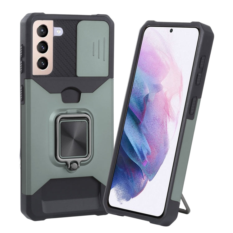 Cover per fotocamera scorrevole Design Custodia antiurto per PC + TPU con supporto per anello e slot per schede, For Samsung Galaxy S21 5G, For Samsung Galaxy S21+ 5G, For Samsung Galaxy Note20