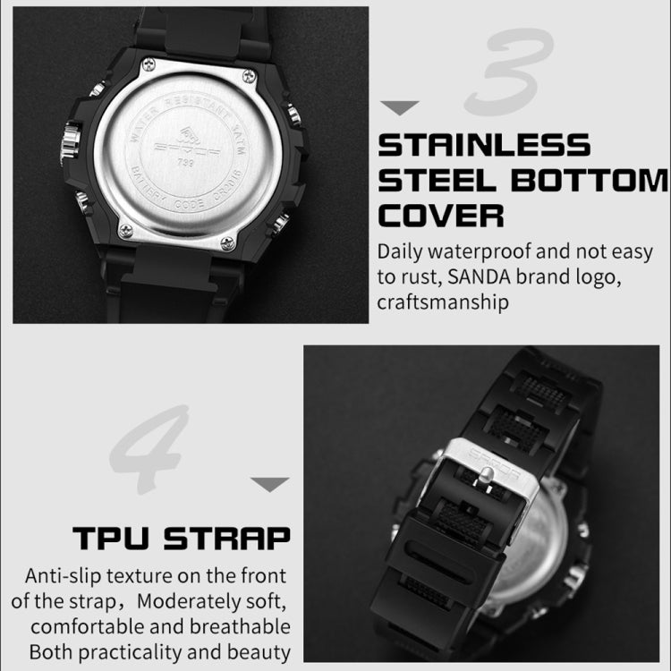SANDA Dual Digital Display Luminoso Cronometro Cronografo Sveglia Orologio sportivo al quarzo da uomo